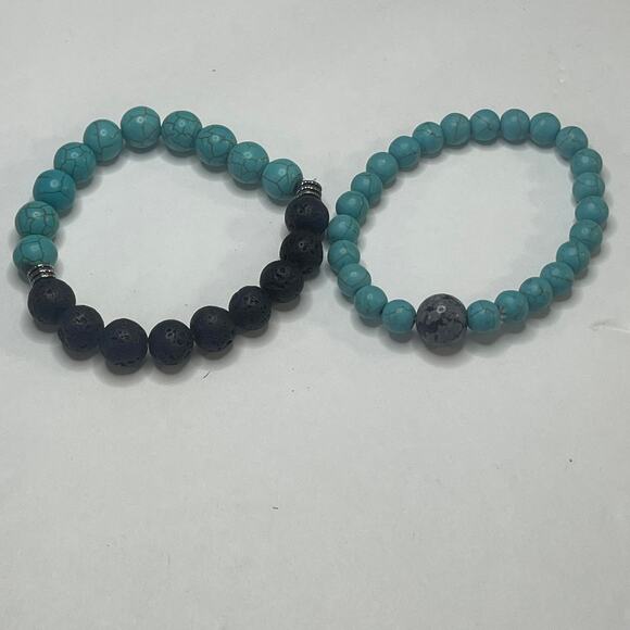 Set of two stretch bracelets beaded turquoise colored blue charcoal gray stones - Picture 1 of 7
